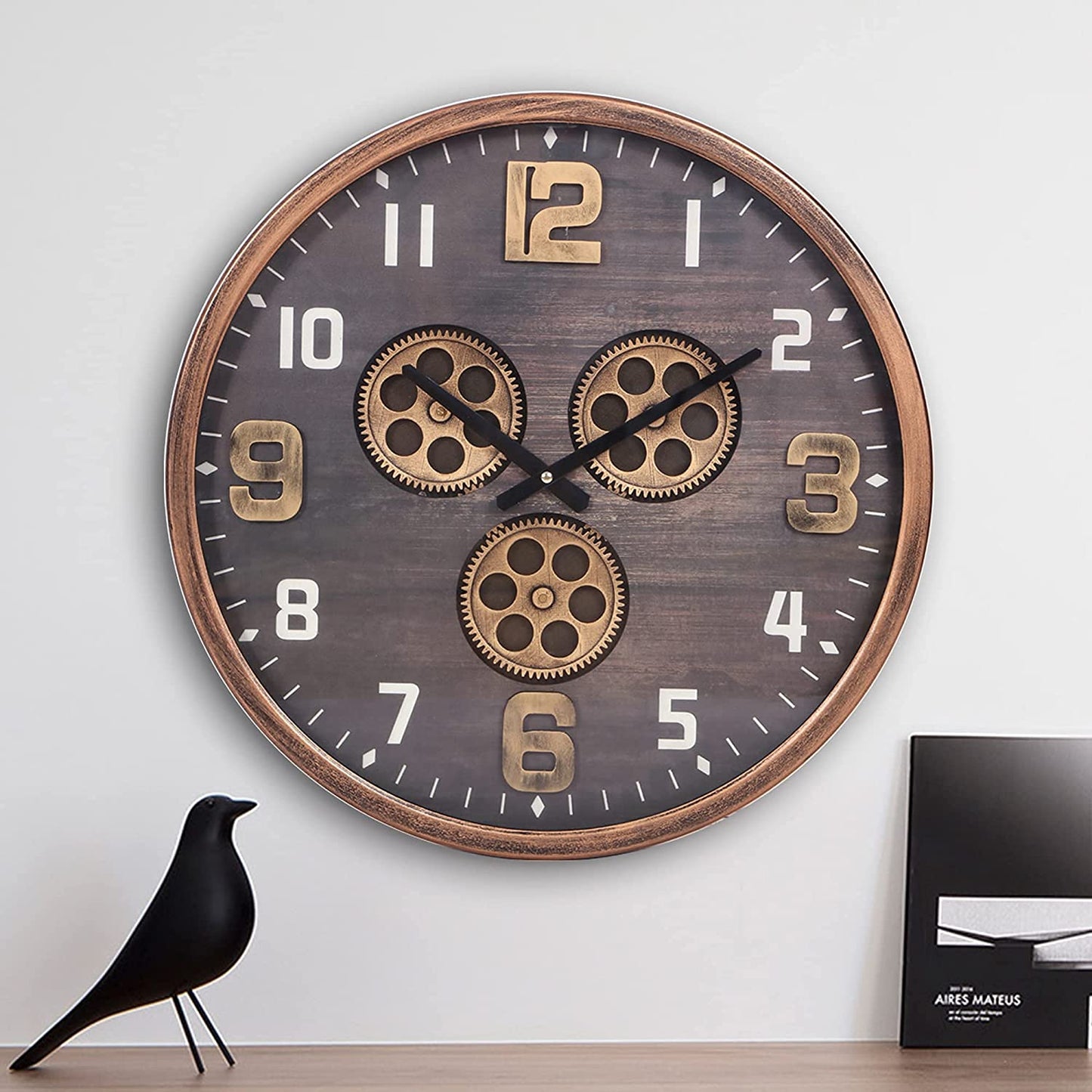 Wadan Large Modern Decorative Wall Clocks, ( Rustic Gold Moving Gear Clock ) ( 46 CM Round )